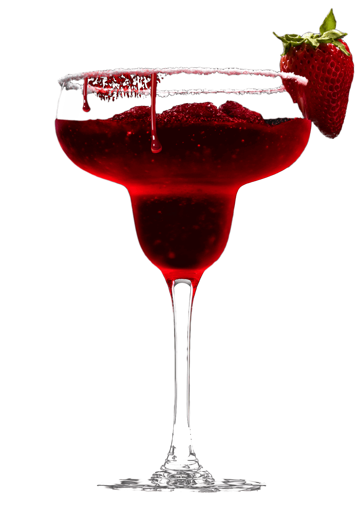 A cocktail glass filled with a red liquid.