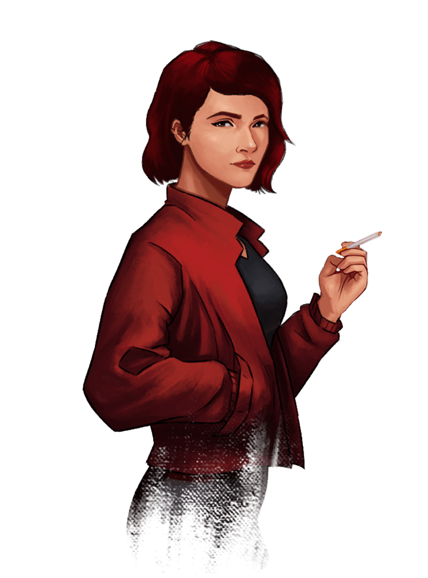 A woman with a short red bob, wearing a red jacket and holding a cigarette.